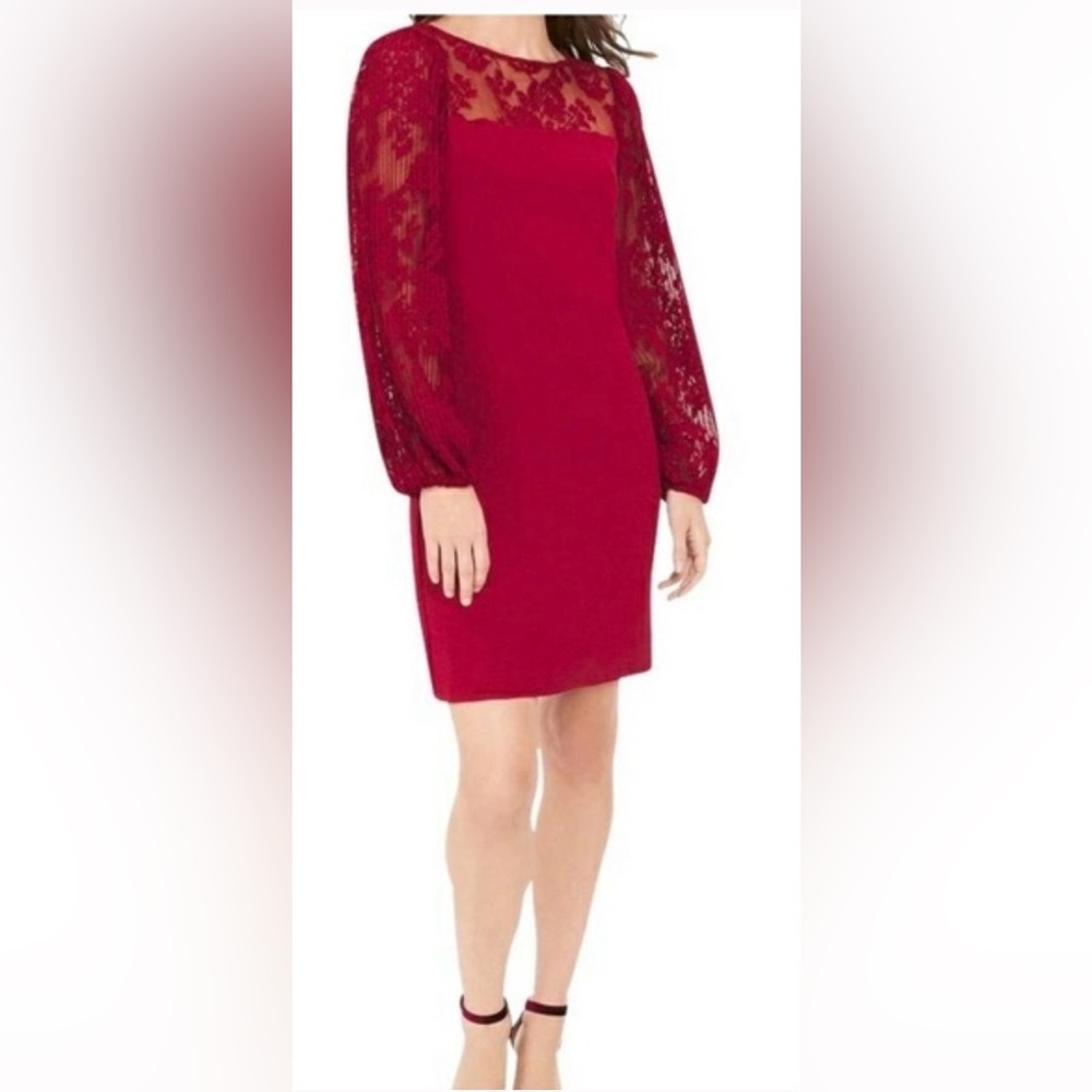 White House Black Market burgundy dress w/ pleated lace sleeves & neckline. S - Picture 1 of 14